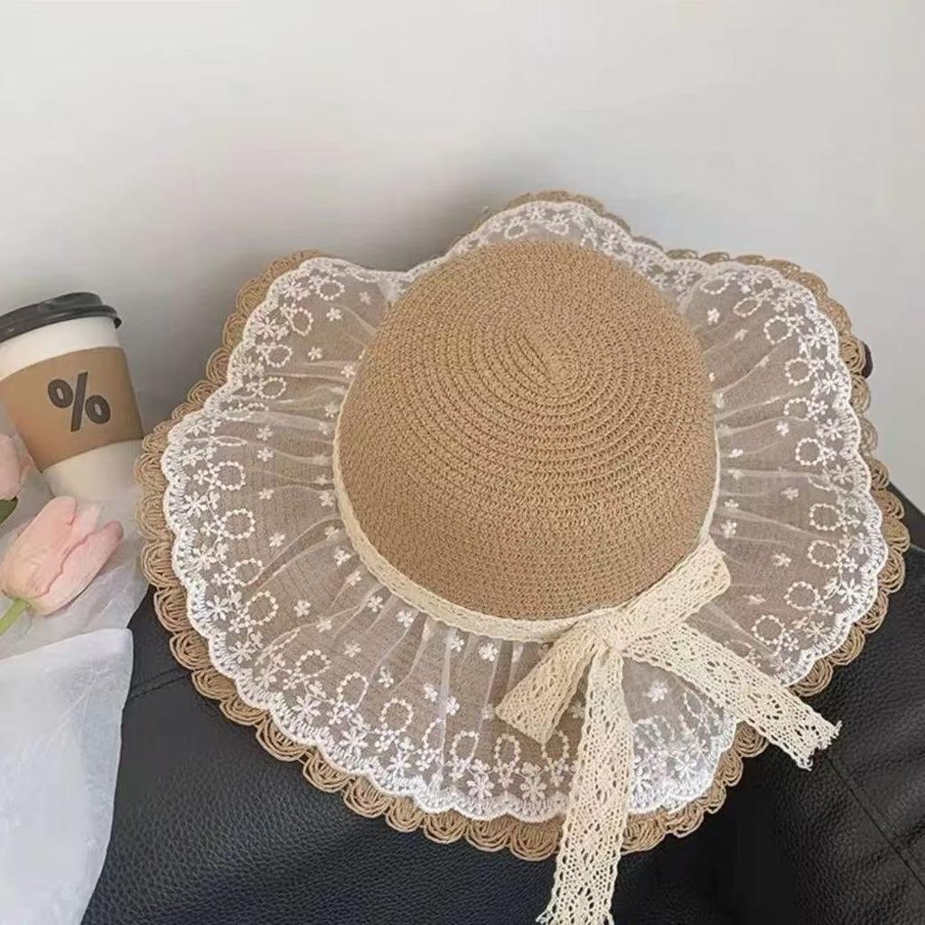 Summer, Beach Outdoor, Straw Hat, Lace Bow, Sunshade, Sun Hat, UV Protection, Sun Grass Hat, Women