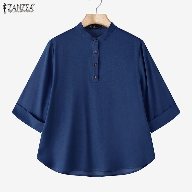 ZANZEA Женская повседневная блузка с круглым вырезом, рукавом 3/4, свободного кроя, однотонная