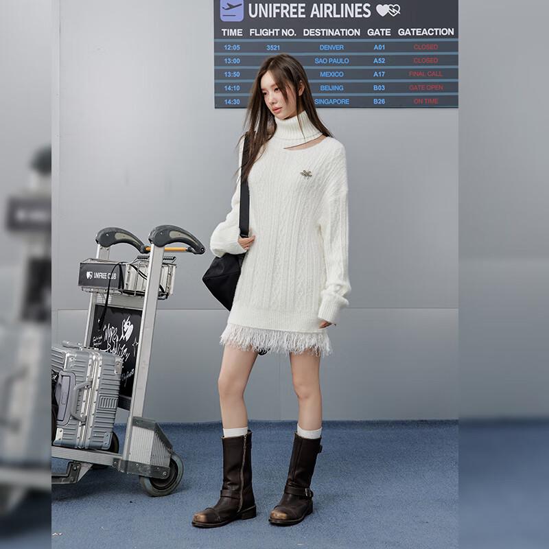 unifree Retro Frayed Edge High-Neck Knitted Sweater