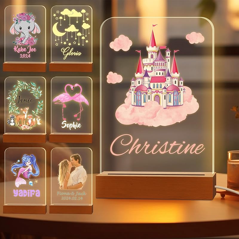 Персонализированный ночник для детей, выгравированное имя, акриловые светодиодные лампы с деревянной основой для детской спальни, декоративный ночник, индивидуальный день рождения