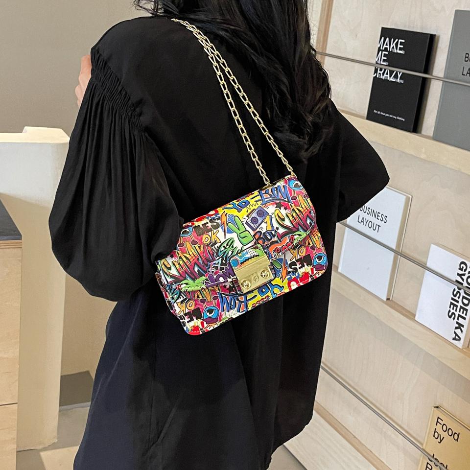 Женская мода Граффити Маленькая сумка 2024 Лето Дамы Клапан Телефон Вечерний Клатч Кошелек Сумки Через Плечо Для Женщин Цепи Сумки На Плечо