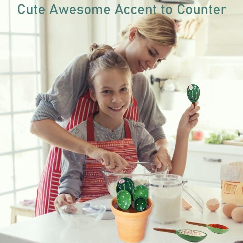Cactus Measuring Spoons Set in Pot Unique Measuring Cups and Spoons for Coffee Salt Sugar Novelty Cute Baking Gifts Dishwasher Safe Ceramic Measuring