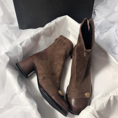 Короткие сапоги на толстом каблуке с круглым носком, с эластичными вставками, на высоком каблуке, с задней молнией