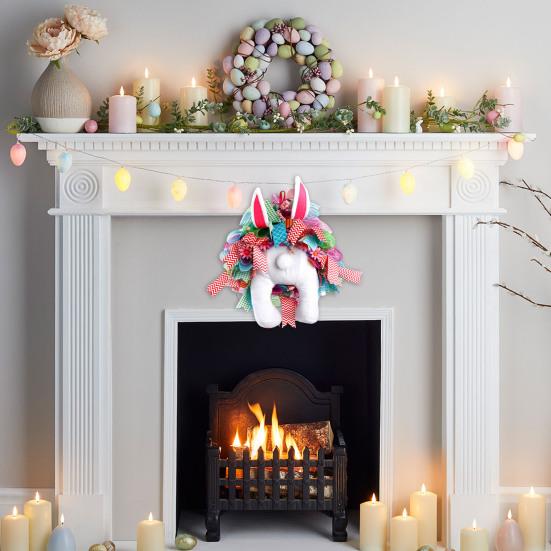 Пасхальный венок с кроликом, висящими ушами и цветной лентой, плюшевый, для подвешивания на входную дверь, украшение для вечеринки на Праздник Весны