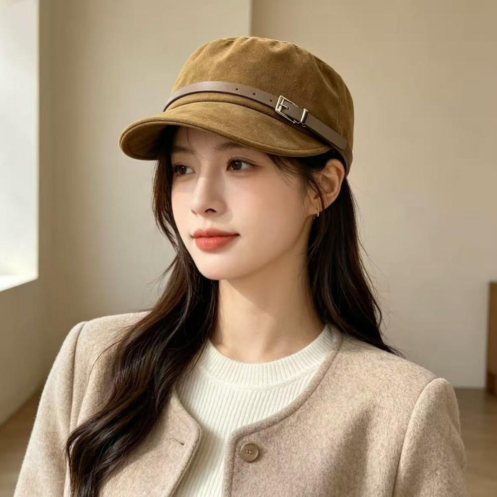 Adjustable Newsboy Cap Leather Belt Buckle Visor Cap Elegant Octagonal Hat Autumn Winter