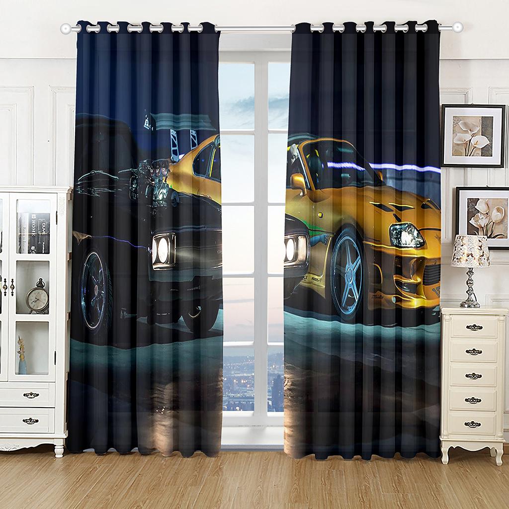 3D Sports Racing Car Printed Window Curtains for Boys Men Adults Scenery Living Room Bedroom Kitchen Semi-Blackout Curtain Drape