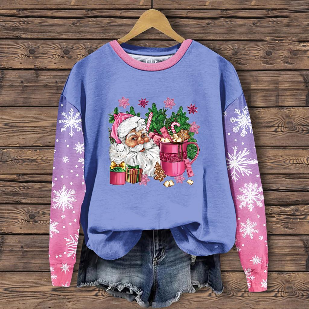 Женская мода повседневная толстовка с длинным рукавом и принтом Санта-Клауса с круглым вырезом