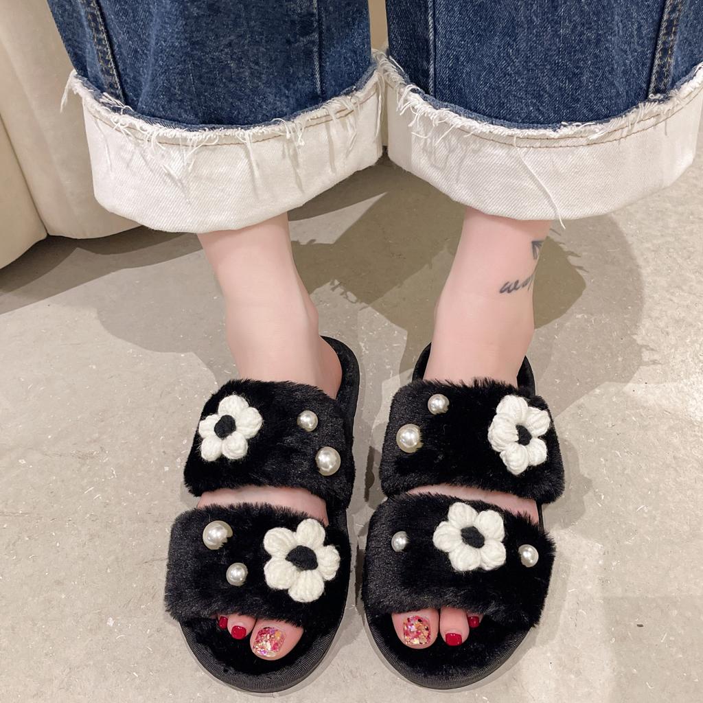 Мода 2024 Зима Новые женские домашние однотонные цветочные жемчужные пушистые хлопковые тапочки