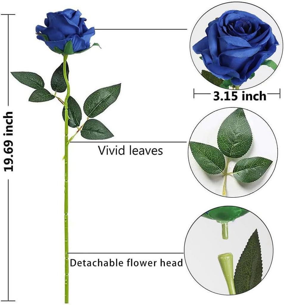 6Pcs Blue Roses Artificial Flowers Fake Silk Rose Flowers Bouquet with Long Stem Faux Roses Life-Like Flowers for Wedding Home Decor Floral Arrangeme