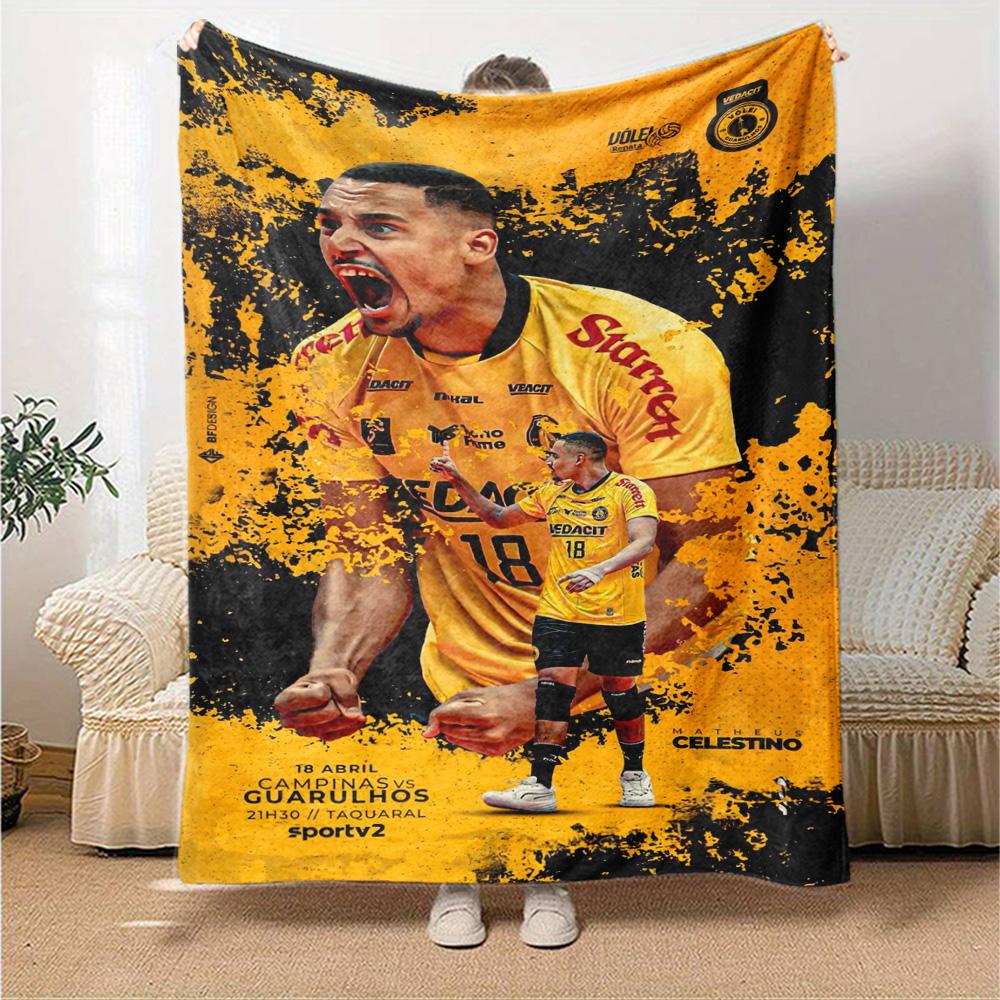 Yellow Black Grunge Splash Volleyball Athlete Print Flannel Throw Blanket, Soft Warm Cozy Bed Sofa Cover for Sports Fan Home