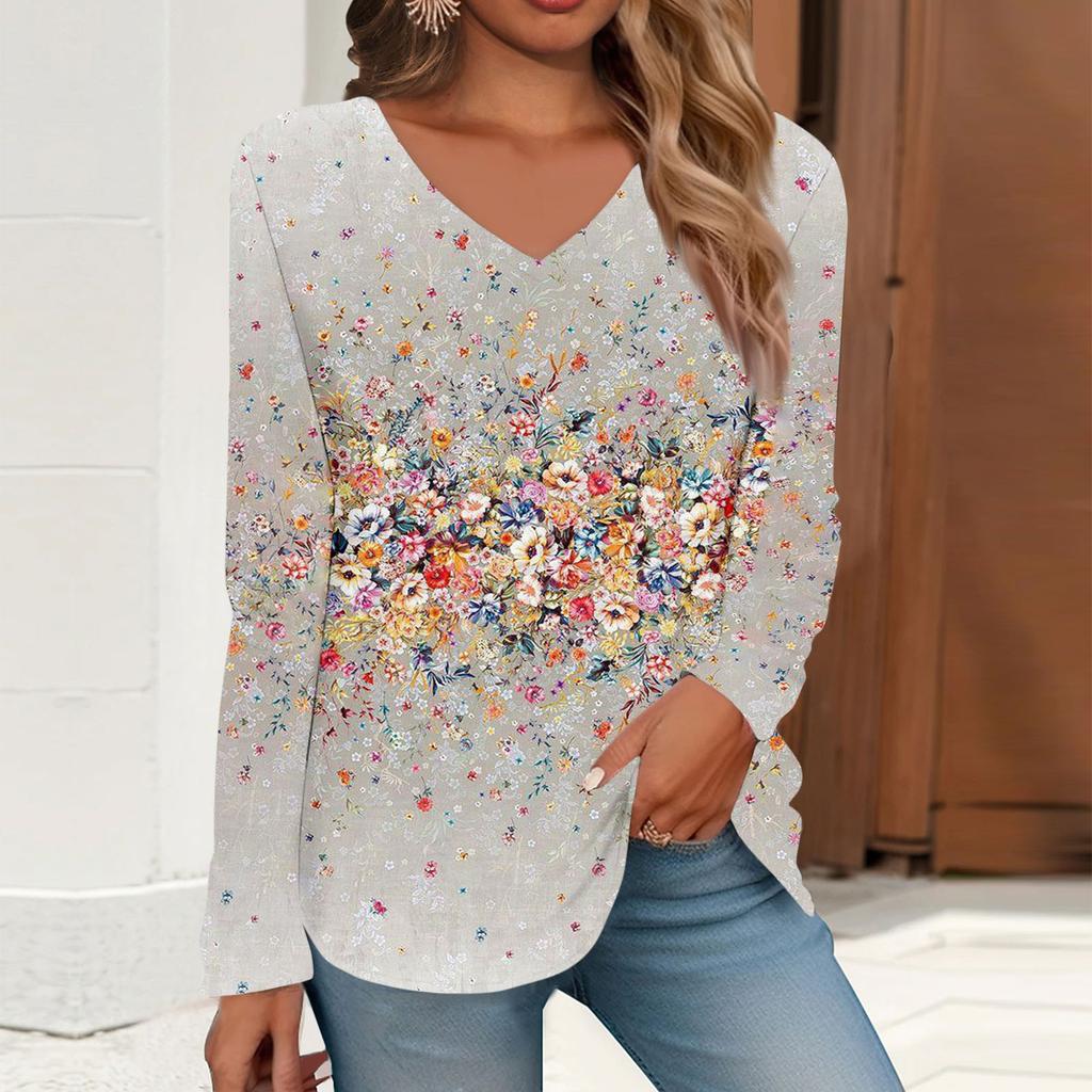 Жен. Футболка Футболка С принтом Длинный рукав Повседневные Выходные Повседневные Классический V-образный вырез Обычный Осень Зима Верхушки