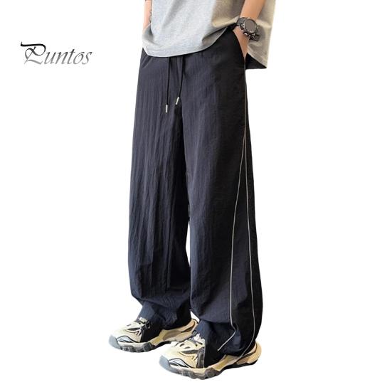Men's Quick-Dry Baggy Trousers Drawstring Waist Loose Fit Pants Lightweight Casual Trousers with Side Lines Decoration for Street Vacation