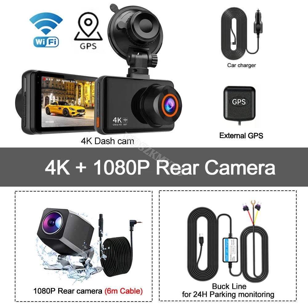 Автомобильный видеорегистратор 4K WIFI GPS DashCam для автомобильного видеорегистратора Камера переднего и заднего вида Ночное видение Черный ящик Круглосуточная парковка Автомобильные аксессуары