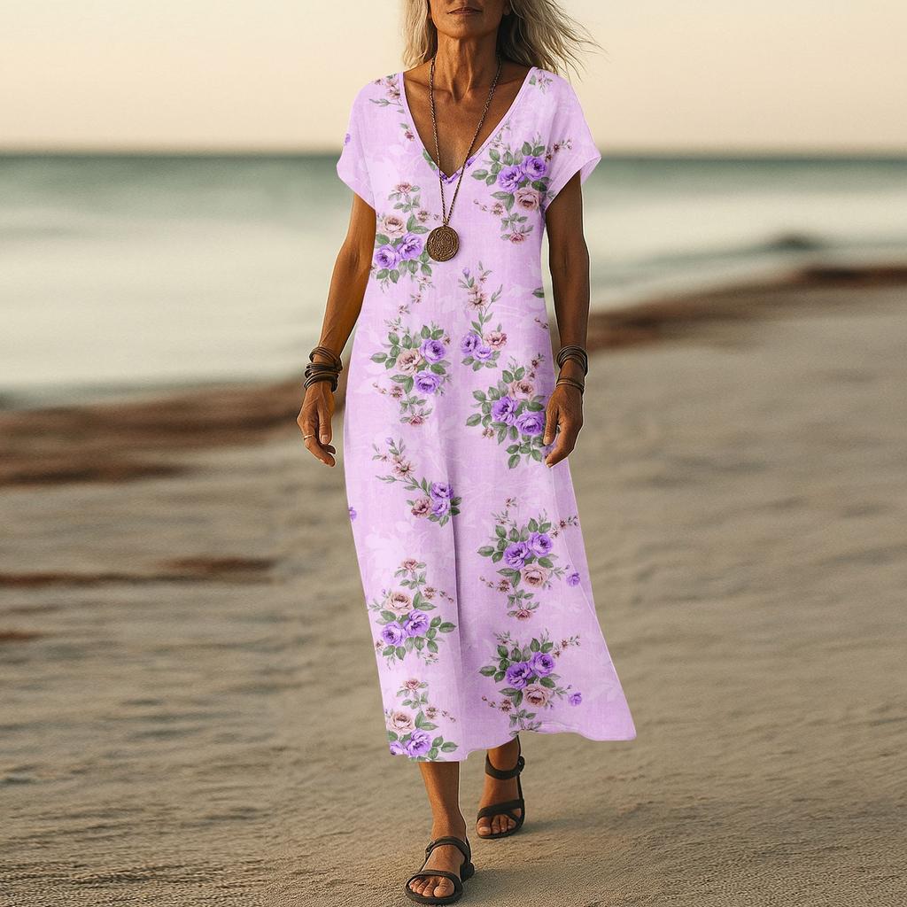 Summer Dress Women's Long Boho Beach Dress Elegant Maxi Dress V-Neck Short Sleeve Summer Tunic Dress Light Airy