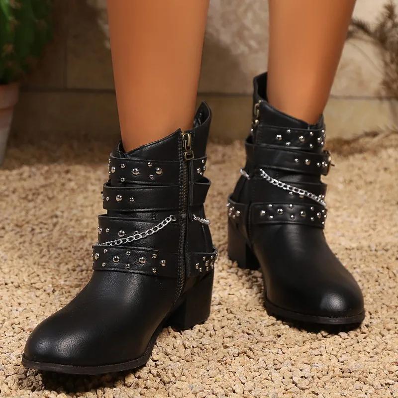 Ботинки женские зимние ковбойские ботильоны для женщин больших размеров готические панк-обувь кожаные короткие челси ботиночки новые пряжки винтажные ботиночки