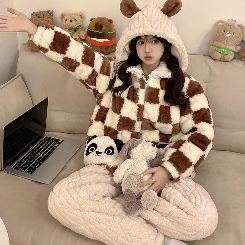 Panda Cartoon Cute Pajamas Winter Women's Flannel Warm Pajamas Large Size Pajamas Pajamas Women's Coral Velvet Home Clothes