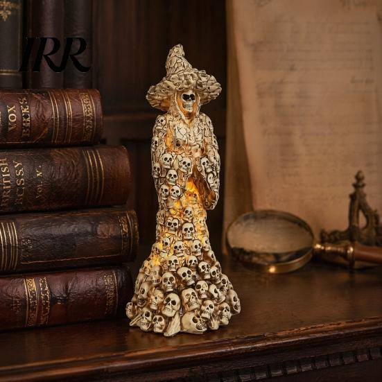 Glowing Bone Sculpture Skeleton Witch Resin Figurine, Halloween Gothic Skull Statue, Spooky Realistic Texture Fantasy Ornament for Desk,