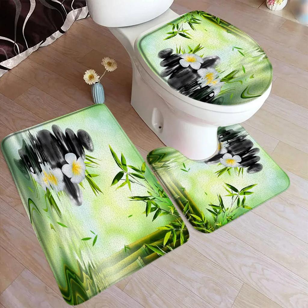 Zen Green Bamboo Bath Mat Set Natural Orchid Flower Black Stone Plant Home Carpet Bathroom Decorative Floor Rug Toilet Lid Cover