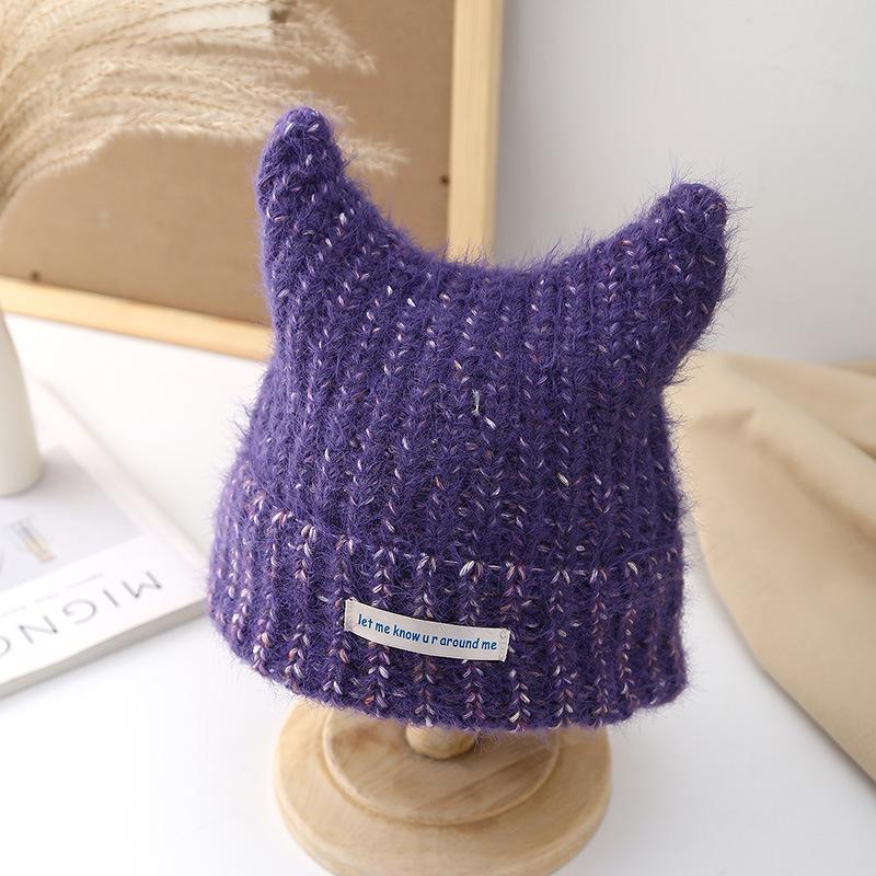 Autumn and winter warm plush knitted hat cute cat ears cover versatile cold hat showing face small wool hat woman