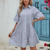 Летние повседневные платья с короткими рукавами Платье-рубашка на пуговицах Женское нерегулярное полосатое платье с отложным воротником Платье с высокой талией Платье с складным дизайном Пляжное платье