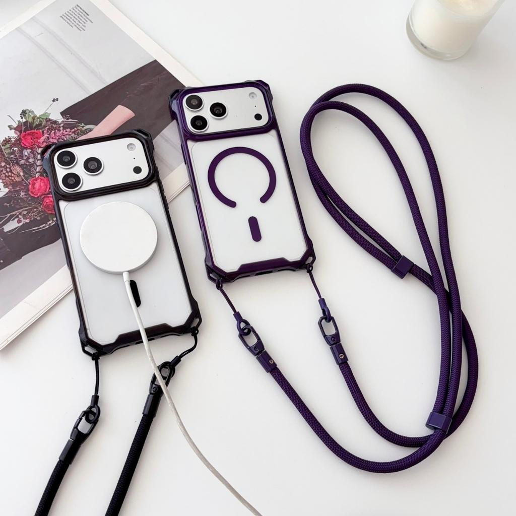 Transparent Crossbody Phone Case for IPhone 17 Air 16 15 Plus 14 13 12 Pro Max 16E for Magsafe Magnetic Wireless Charging Cover