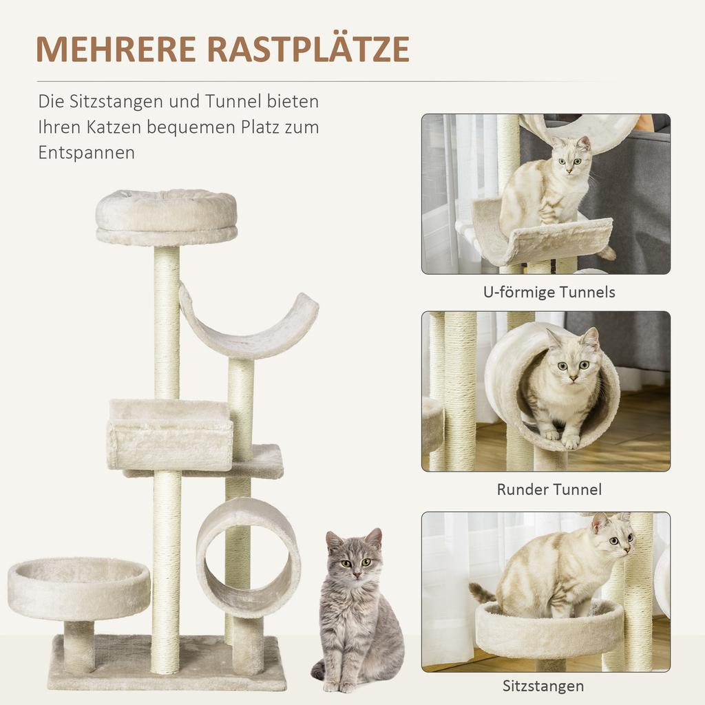 Cat Tree 105cm Cat Tower with Tunnel, Platforms Cat Scratching Post with Sisal Scratching Posts, for Cats up to 5 kg, Beige