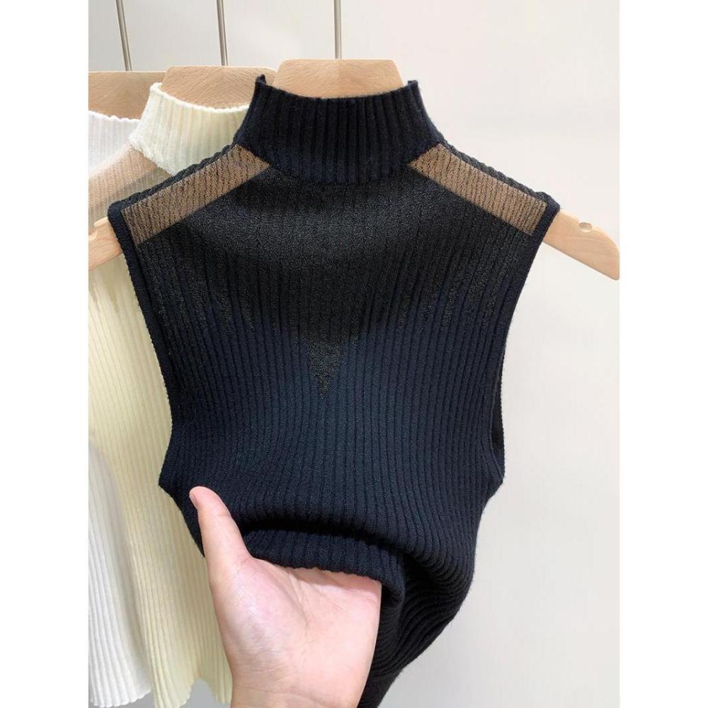 Summer Women Knitted Sleeveless T-shirt Mesh Hanging Neck Semi-high Neck Small Vest Female Undershirt Street Clothes