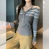 Grey Striped Lapel Knitted Sweater Long Sleeve T-Shirt Women's Autumn and Winter Wear Slim Button Bottom Top