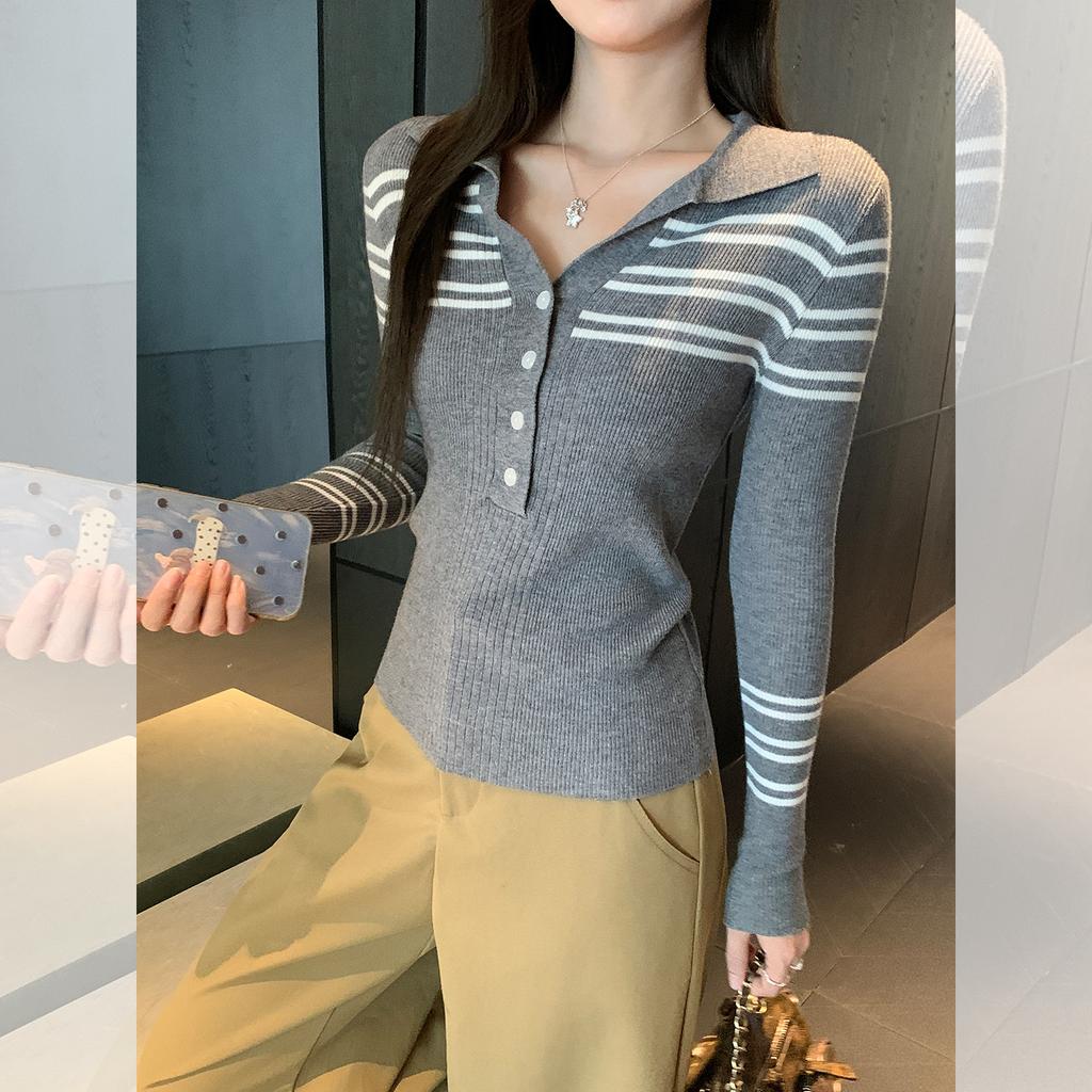 Grey Striped Lapel Knitted Sweater Long Sleeve T-Shirt Women's Autumn and Winter Wear Slim Button Bottom Top