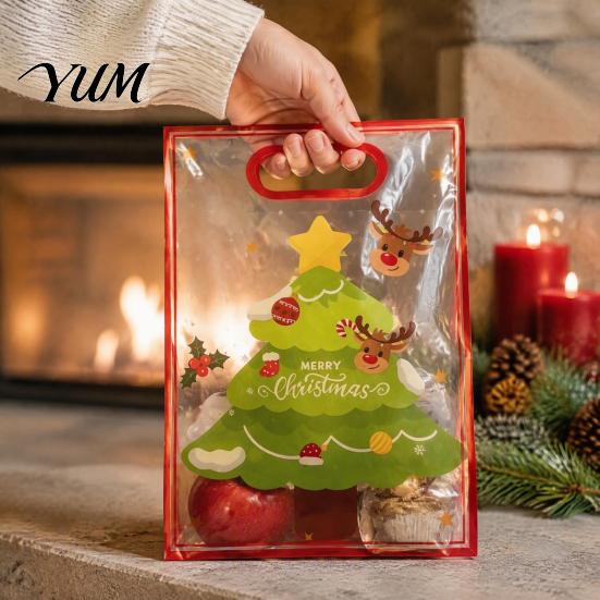 Small Gift Sacks for Christmas Bags with Handles, Reusable Clear PP Treat Transparent Candy Apples Cookies, Holiday Party Favor Packaging Ribbon