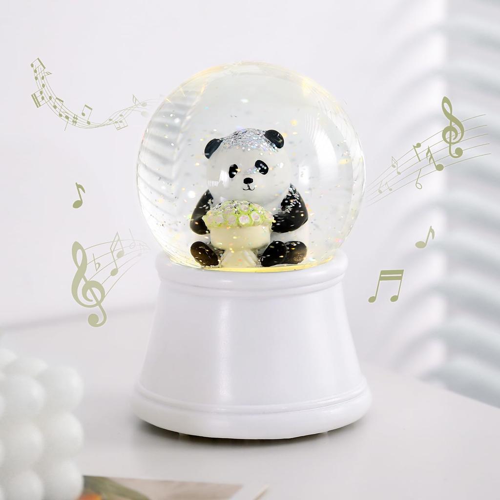 Snow Globe Lewondr Day Present Music Box Day Flower Box Snow Globe with LED Light Interior Celebration Present Panda Holding a Rose White Mother's