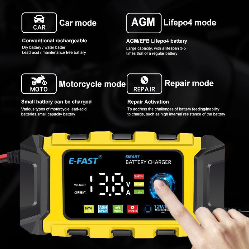 E-FAST 12В Литий-ионный и свинцово-кислотный автомобильный/мотоциклетный зарядник аккумулятора с цветным экраном
