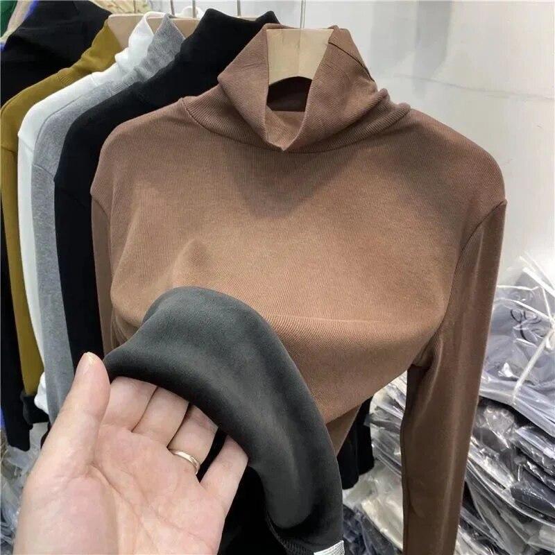 Теплый трикотаж, плюшевая утолщенная водолазка, базовая рубашка, женский пуловер, тонкий топ с длинными рукавами, простой повседневный новый модный осенне-зимний вариант