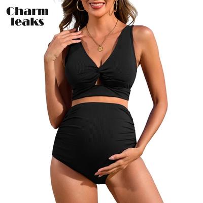 Купальник для беременных с высокой талией, комплекты бикини для беременных, с вырезом спереди, из двух частей, купальный костюм, купальники