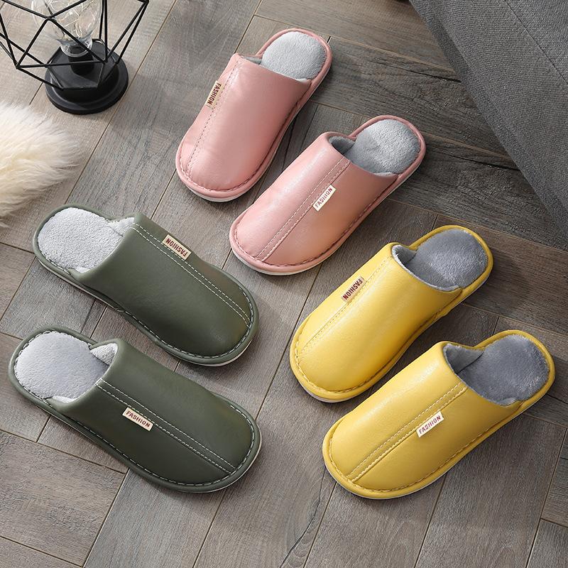 PU Leather Couple Indoor Home Wooden Floor Leather Surface Autumn and Winter Warm Cotton Slippers
