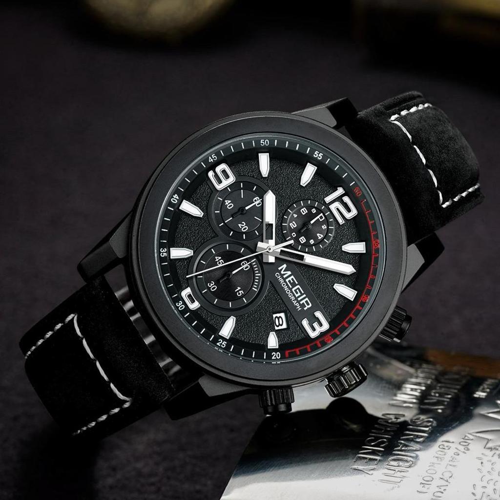 Мужские кварцевые часы MEGIR на кожаном ремешке