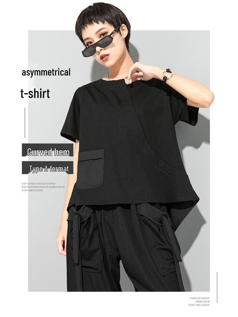 Women's Asymmetrical Swallowtail T-shirt - Dark, Round Neck, Casual & Versatile Trend