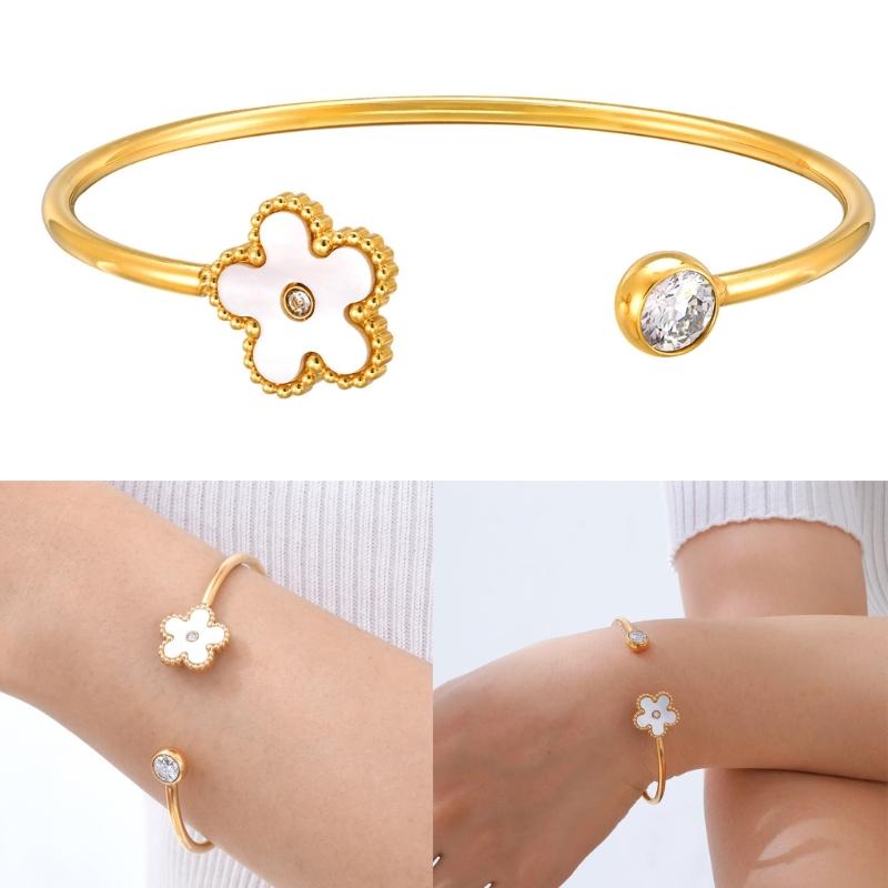 Practical Stainless Steel Shell Carved Bangle With Crystals And Ergonomic Closure for Daily Wear Dates Parties