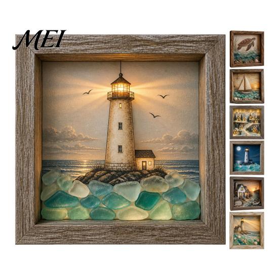 Elegant Table Centerpiece Sea Glass Art Painting with LED Light, DIY Mosaic Arts and Craft Kit, Picture Frame Light Ocean Themed Beach Kit for