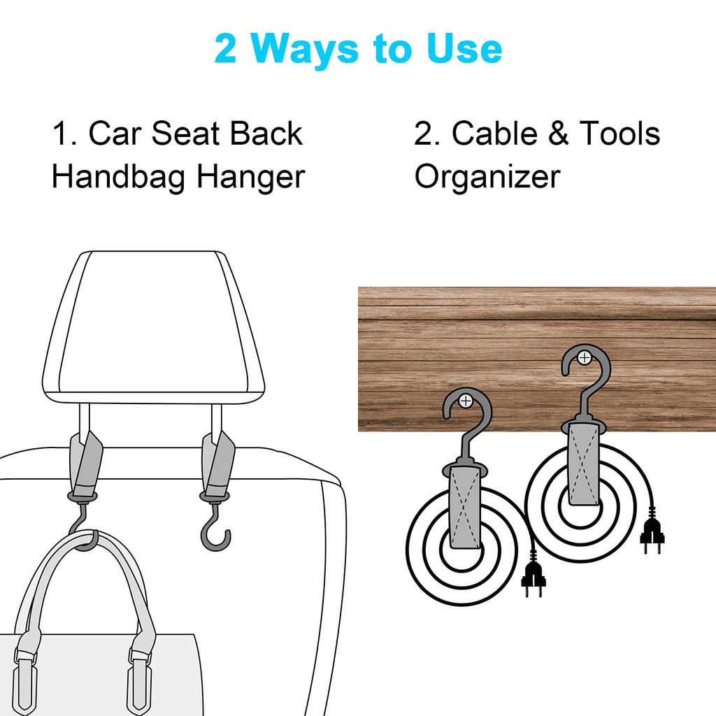Wisdompro Car Storage Hooks 4 Pack Car Seat Hooks Luggage Hanger Headrest Hooks, Load Capacity 22.8 lbs (10 kg), Easy Installation, Black