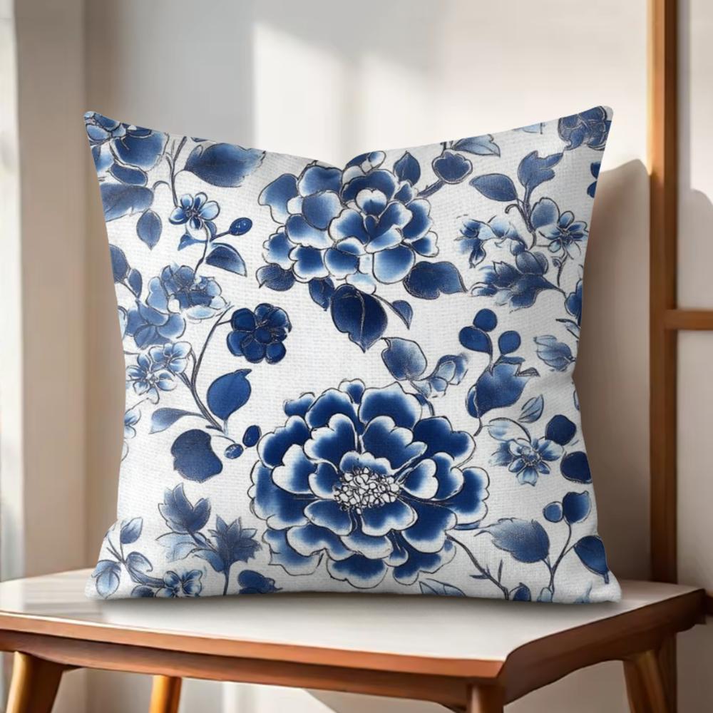 Blue And White Porcelain Cushion Cover Natural Linen Organic Fabric DoubleSided Printing Couch Pillow Covers Home Decor