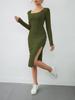 2025 Spring Autumn Fashion Knitted Ribbed Square Neck Dress with Slit