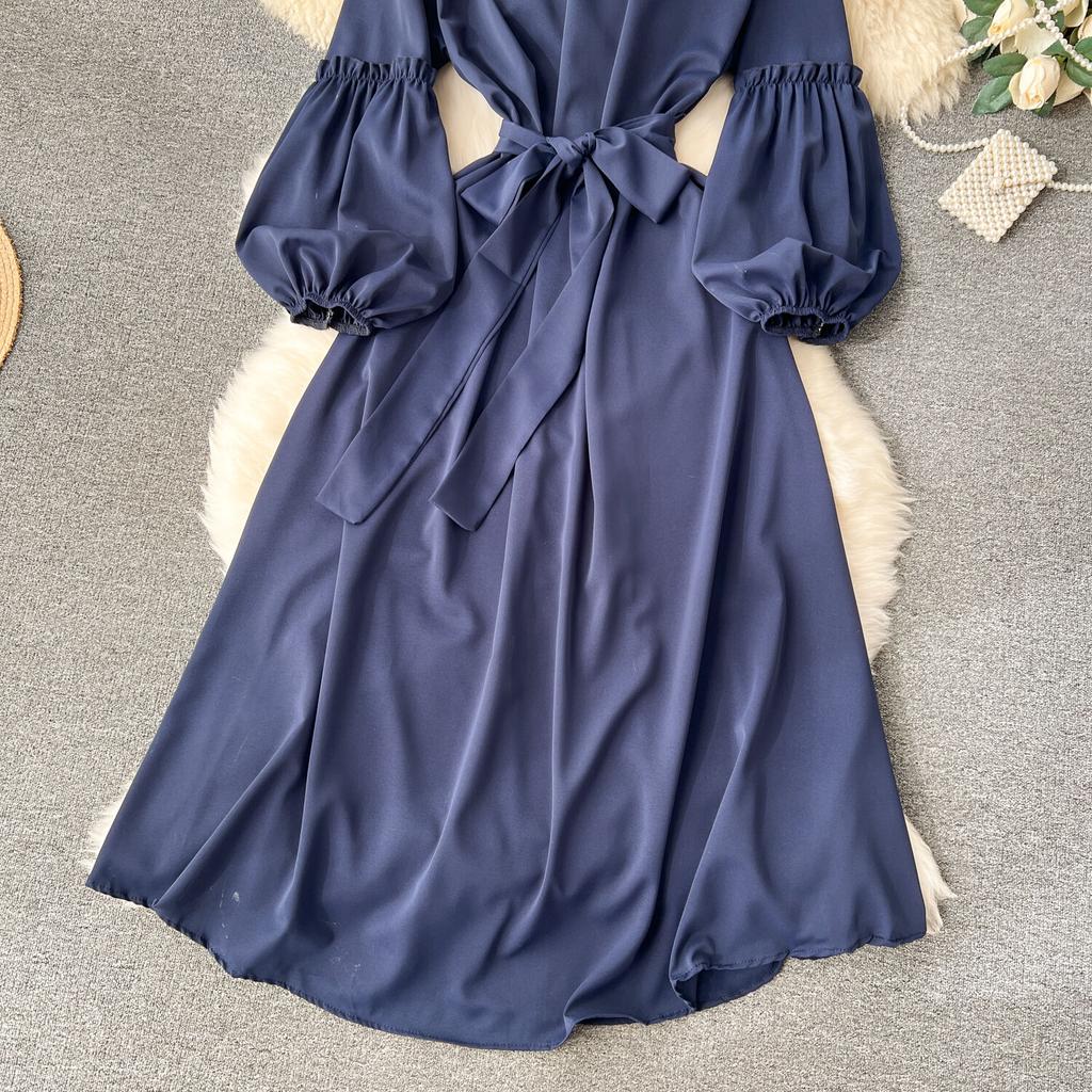 Женские винтажные милые платья средней длины с высокой талией А-силуэта с круглым вырезом и рукавами-фонариками на шнуровке Vestidos весна-лето Женское платье