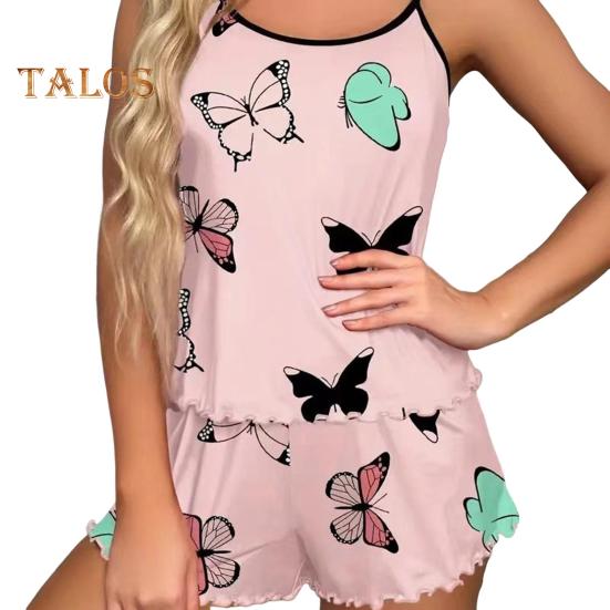 2 шт./комплект женская домашняя одежда топ шорты костюм с принтом бабочки без рукавов жилет с открытой спиной эластичные шорты с высокой талией майка шорты наряд для леди лето