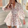 2023 Spring Women's New Temperament Sweet Printed V-neck Lace Short Dress