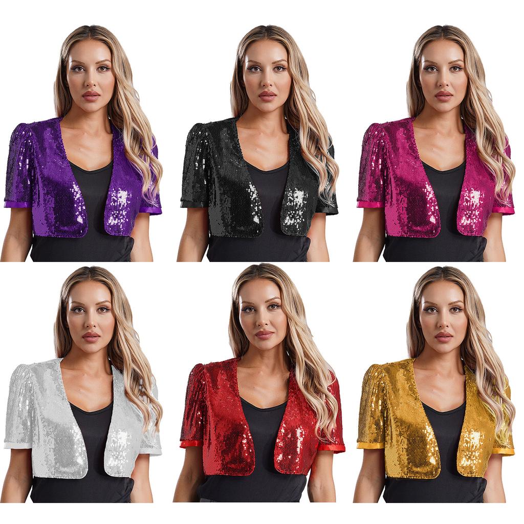Womens Glitter Sequin Crop Jacket Short Sleeve Open Front Shiny Clubwear Party Outerwear Evening Cover Up