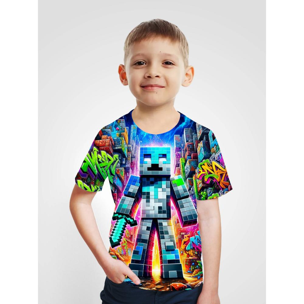 Kids Clothes Boys Tshirt Short Sleeve Children's T-Shirts 3D Building Blocks Print Funny Children Summer Clothes Girls Clothes