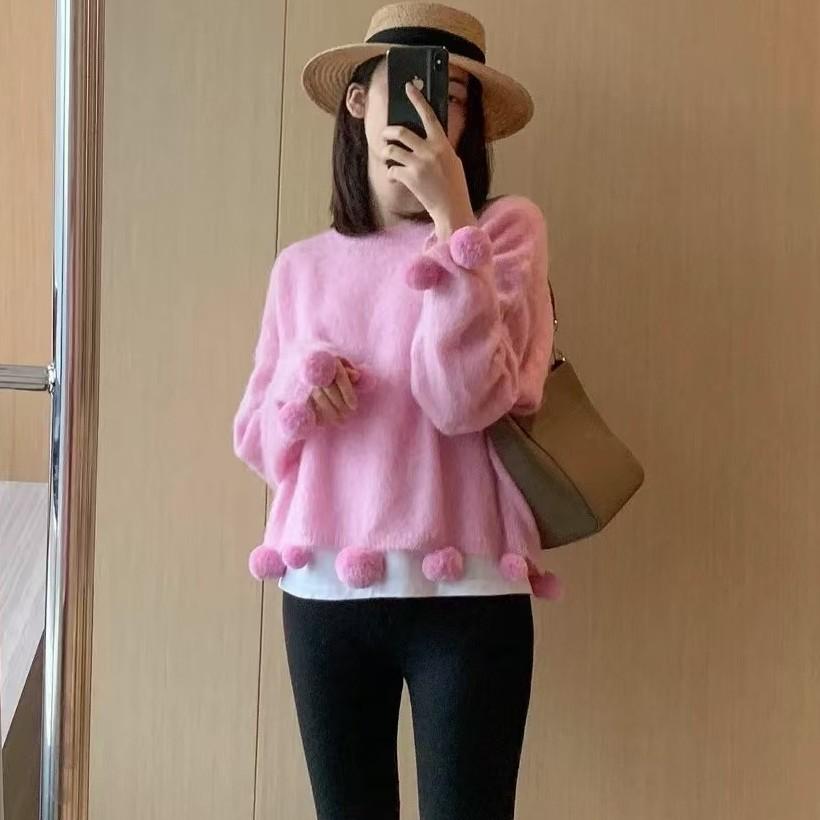 Korean Style Pom-pom Pink Knit Sweater for Women - Autumn/Winter 2025 Lazy Style