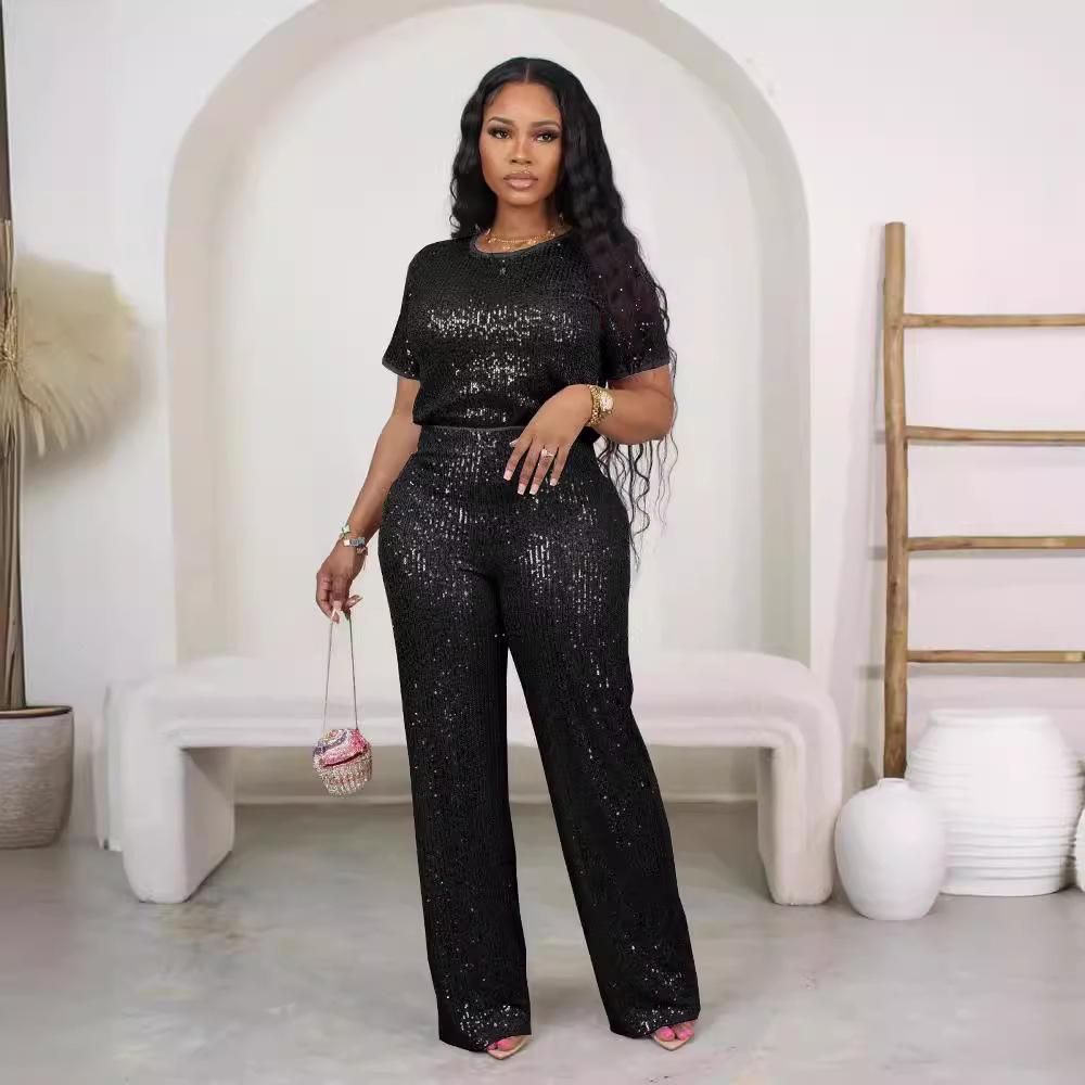 GMXIA Spring Summer Sequin Solid Color Short-sleeved Pants Two-piece Set