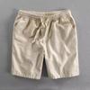 Мужские летние шорты хаки: Корейский стиль, Свободный крой, Дышащий хлопок-лен, Прямые брючины, Повседневный спортивный дизайн.